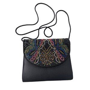Beaded Crossbody Shoulder Bag Black Multicolor Snap Flap Front Braided Strap
